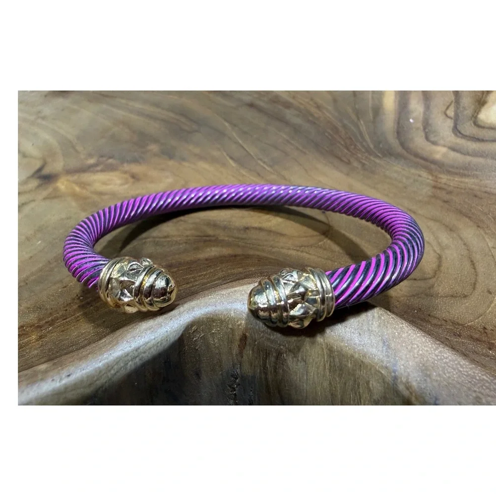 Purple Twisted Cable Cuff Bracelet Gold Tone Studded End Caps Bangle